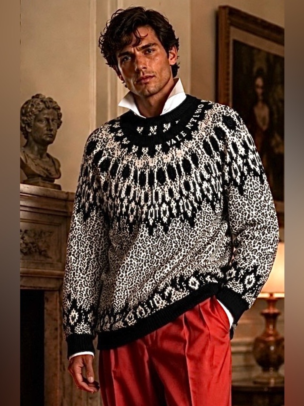 NWT VALENTINO Italy Animalier Leopard Fair Isle Logo Wool Sweater M MSRP $2790